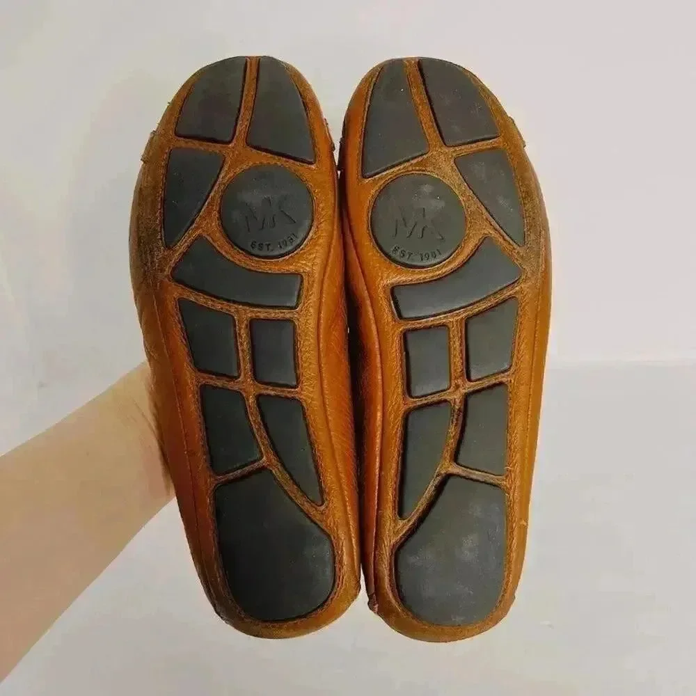 Michael Kors Brown Leather Flats Loafers Gold MK Emblem Women's Size 8.5
